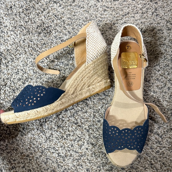 kanna Shoes - Navy and Tan Espadrille Wedge Sandals with Ankle Strap